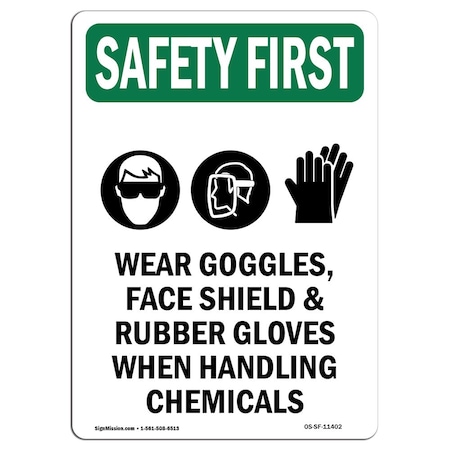OSHA SAFETY FIRST Sign, Wear Goggles Face W/ Symbol, 5in X 3.5in Decal